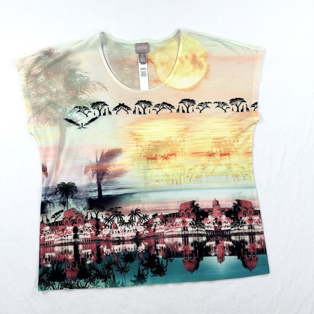 Chicos Top Womens Large 2 All Over Print Tropical Beach Sleeveless